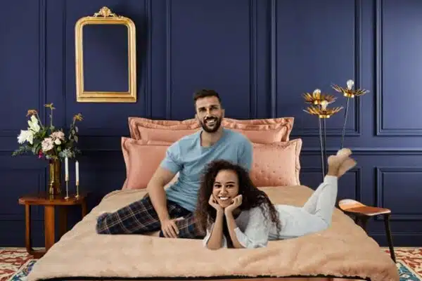 Couple on Pink Devil Cream Blanket 1